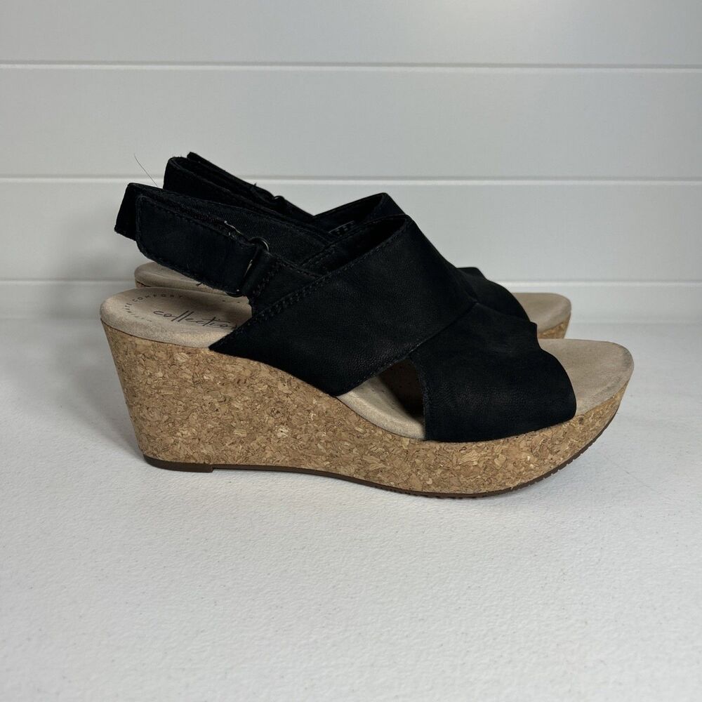 Clarks Women's Shoes Size 9 M Black Suede Open Toe Adjustable Cork Wedge Sandals